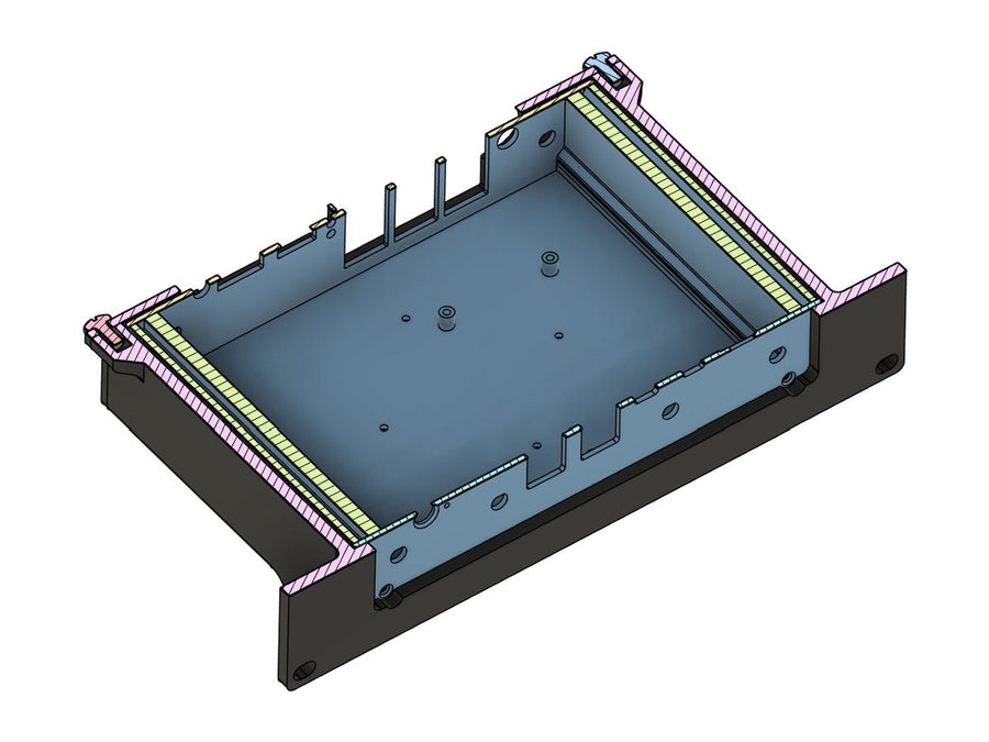 CAD section view of a rack mount modeled around the device inside it